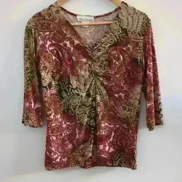 🌴2/$25🌴BROCHURE |  Women's Red/Tan/Black Floral 3/4 Length Sleeve Ruched Top - Picture 1 of 3